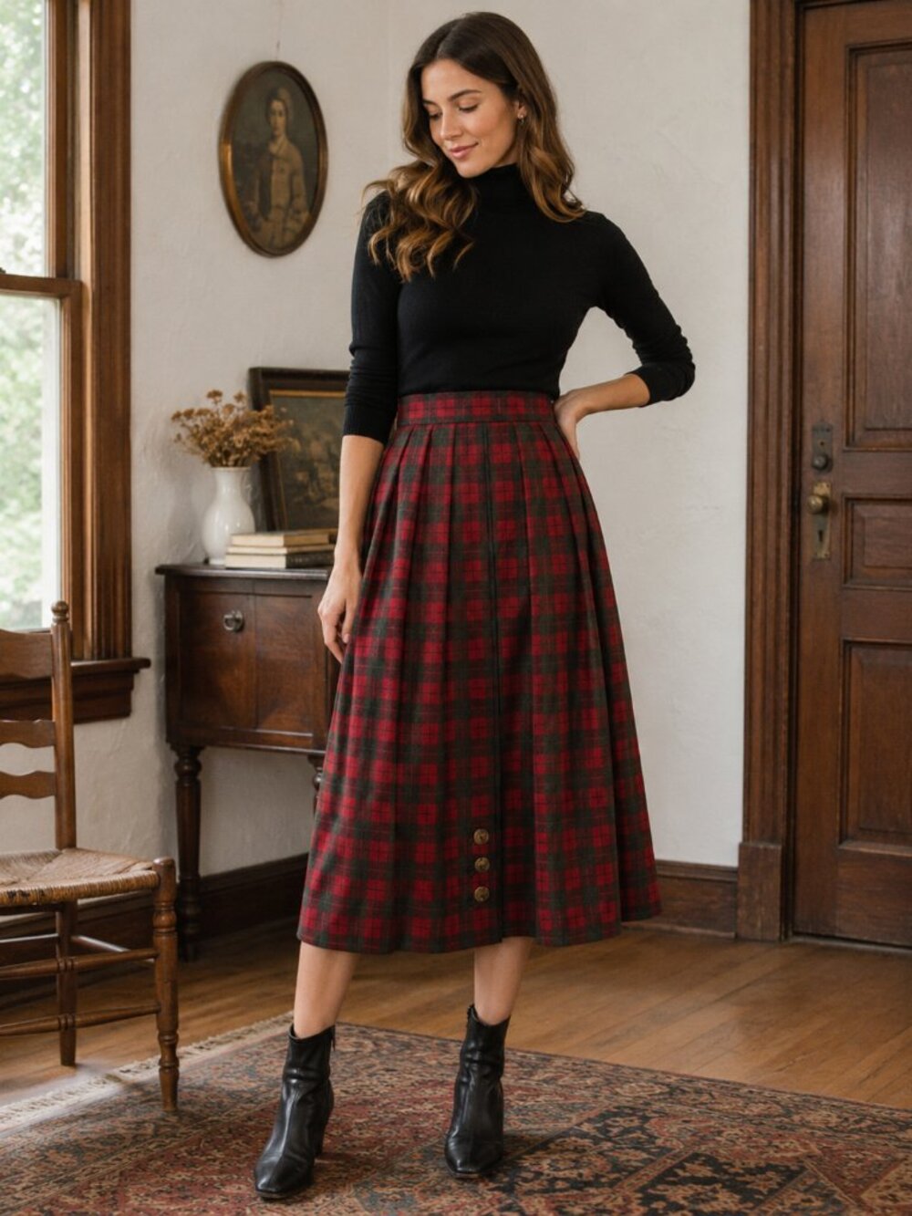 Vintage Streifeneder Pleated Plaid Midi Skirt Size 40